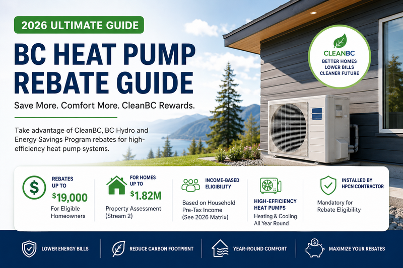 BC Heat Pump Rebate Guide 2026 showing CleanBC, BC Hydro and Energy Savings Program incentives for high-efficiency heat pump installations in British Columbia