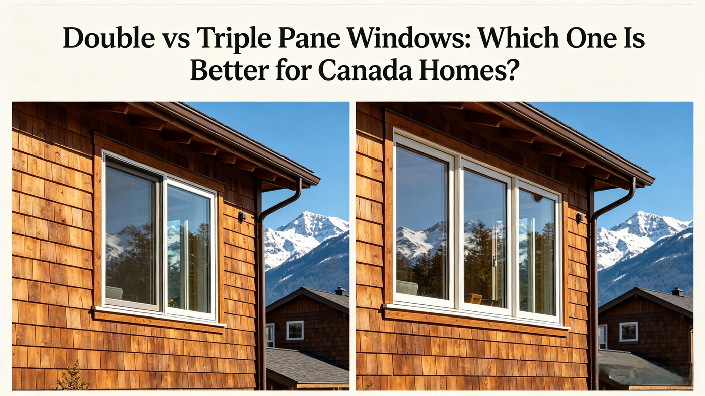 modern Canadian house in winter, large triple pane tilt and turn windows, warm interior light glowing, snow outside, cozy atmosphere, energy efficient home, realistic photography, soft natural lighting, high detail