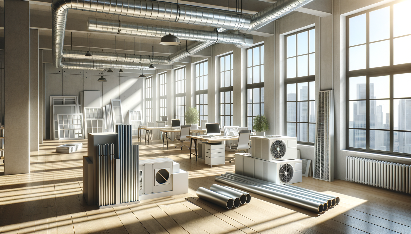 sunlit workspace displaying building materials like windows, pipes, and hvac units on wood