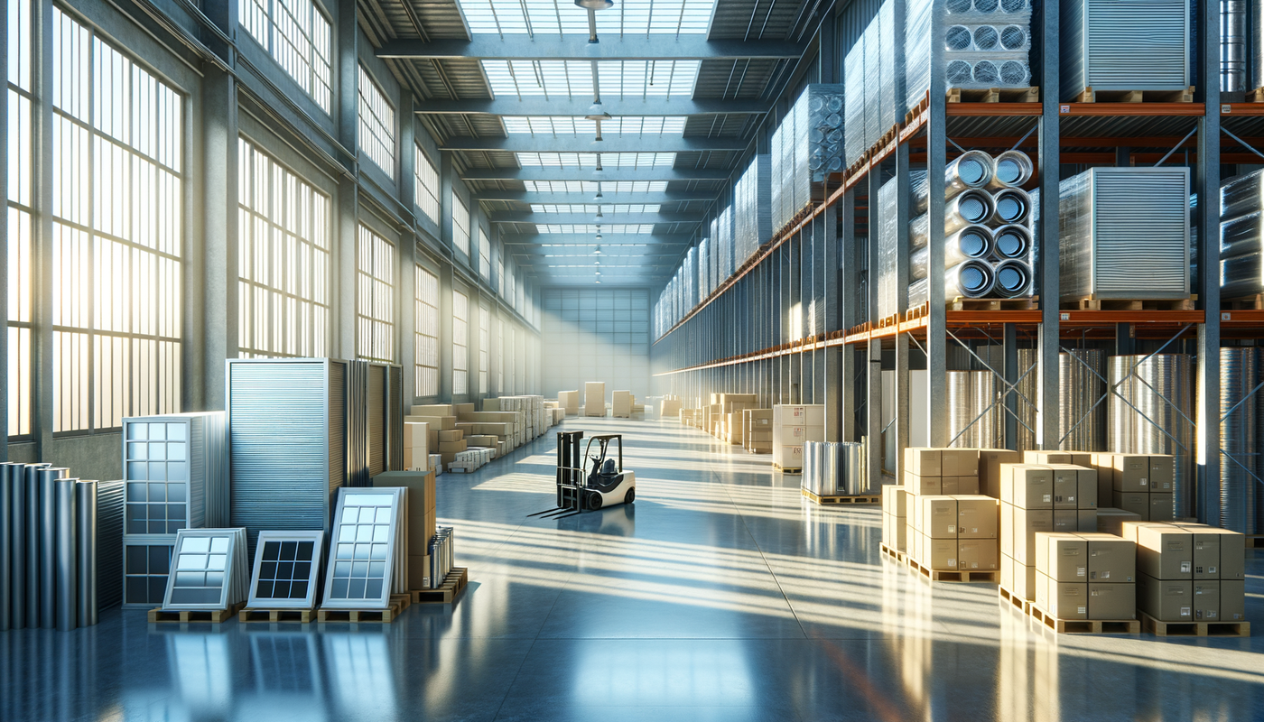 organized building materials in bright warehouse with natural light and clean, modern feel