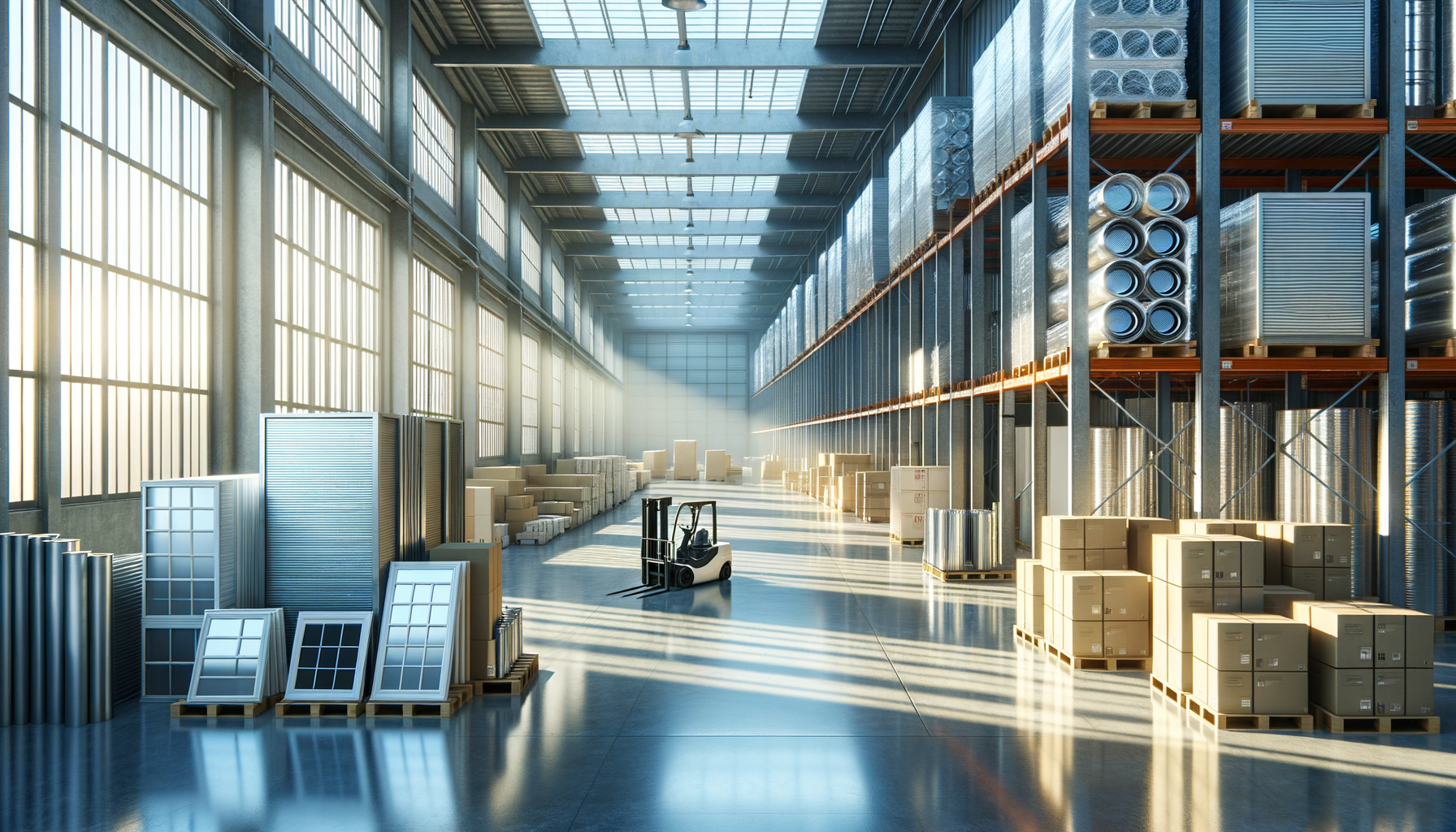 organized building materials in bright warehouse with natural light and clean, modern feel