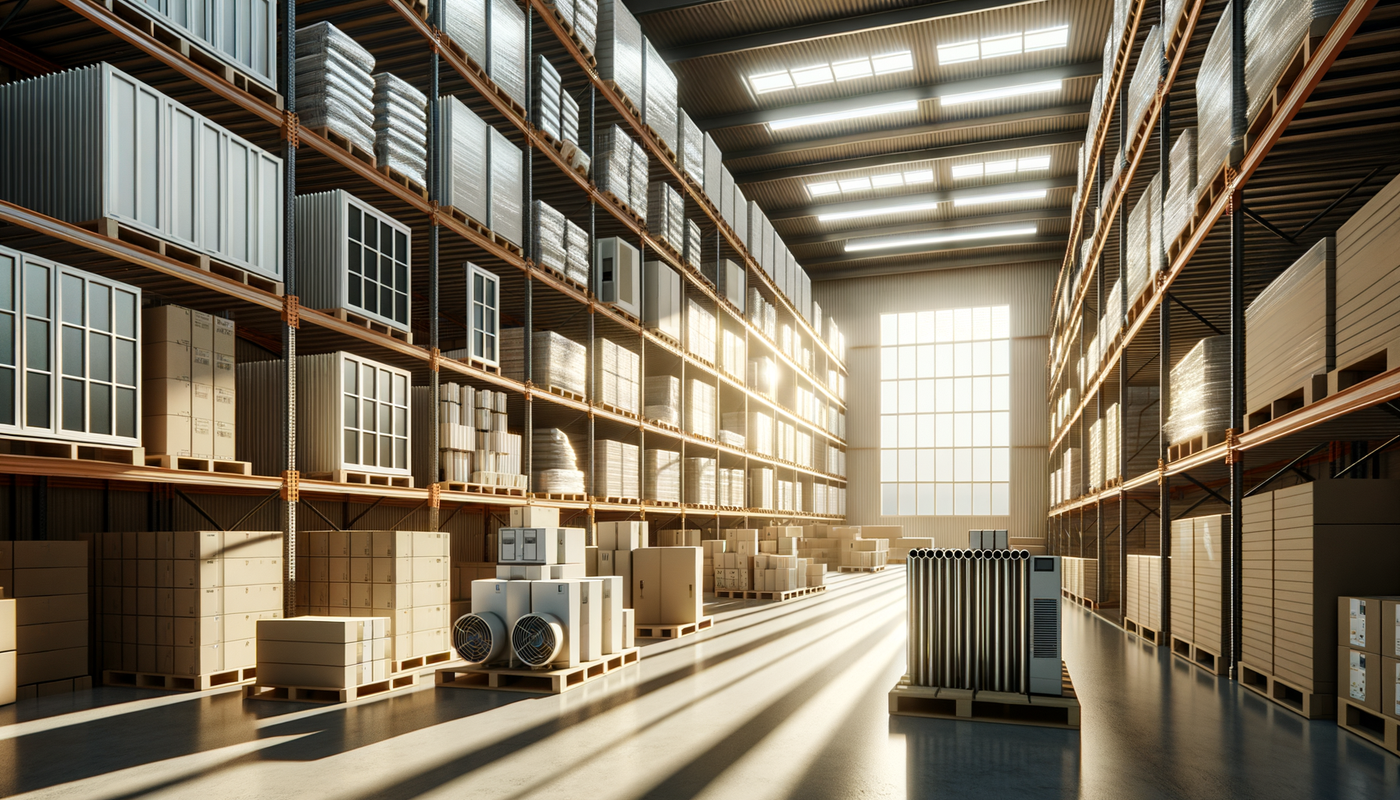 bright warehouse filled with organized building materials in natural light, clean and modern