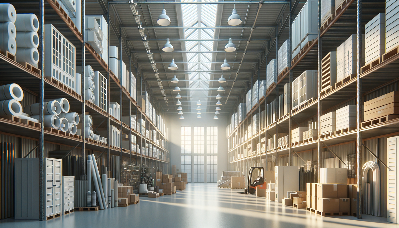 bright warehouse with organized building materials and soft natural light, clean and welcoming