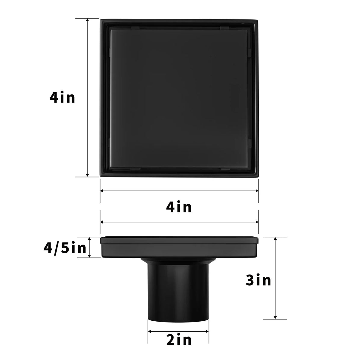 Black square floor drain with dimensions 4x4 inches, 3-inch height, 2-inch outlet