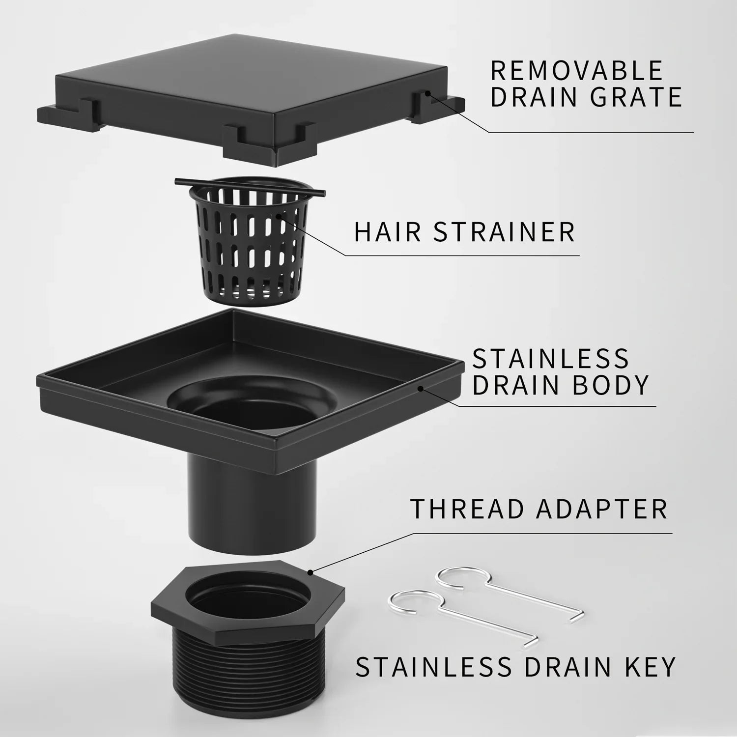 Exploded view of black square shower drain with removable grate, hair strainer, stainless drain body, thread adapter, and drain key.