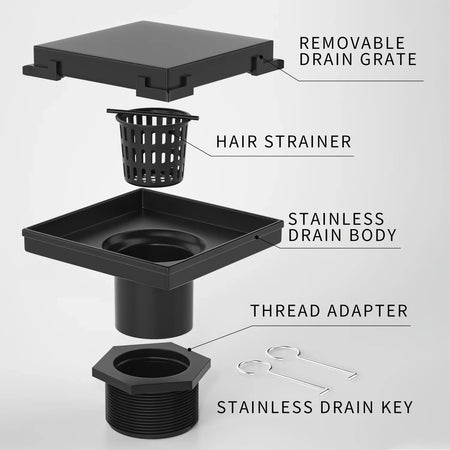 Exploded view of black square shower drain with removable grate, hair strainer, stainless drain body, thread adapter, and drain key.