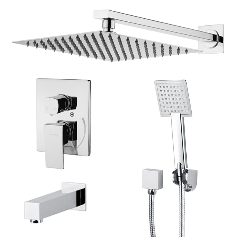 BBS 19930A-02 Square 3-Function Shower System with rainfall showerhead hand shower and tub spout in Polished Chrome