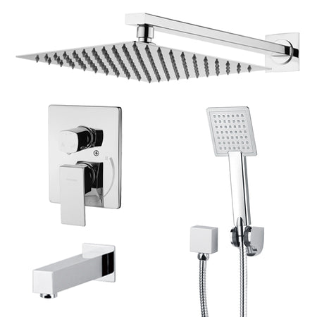 BBS 19930A-02 Square 3-Function Shower System with rainfall showerhead hand shower and tub spout in Polished Chrome