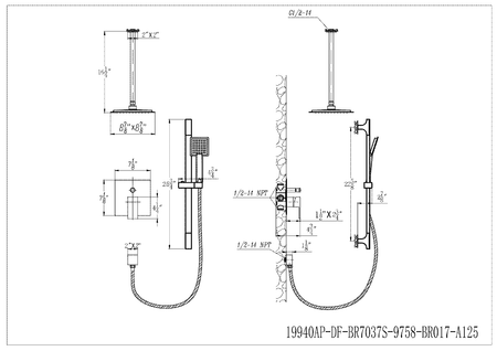 Technical dimensional drawing for BBS 19940A-04 2-function shower faucet system

