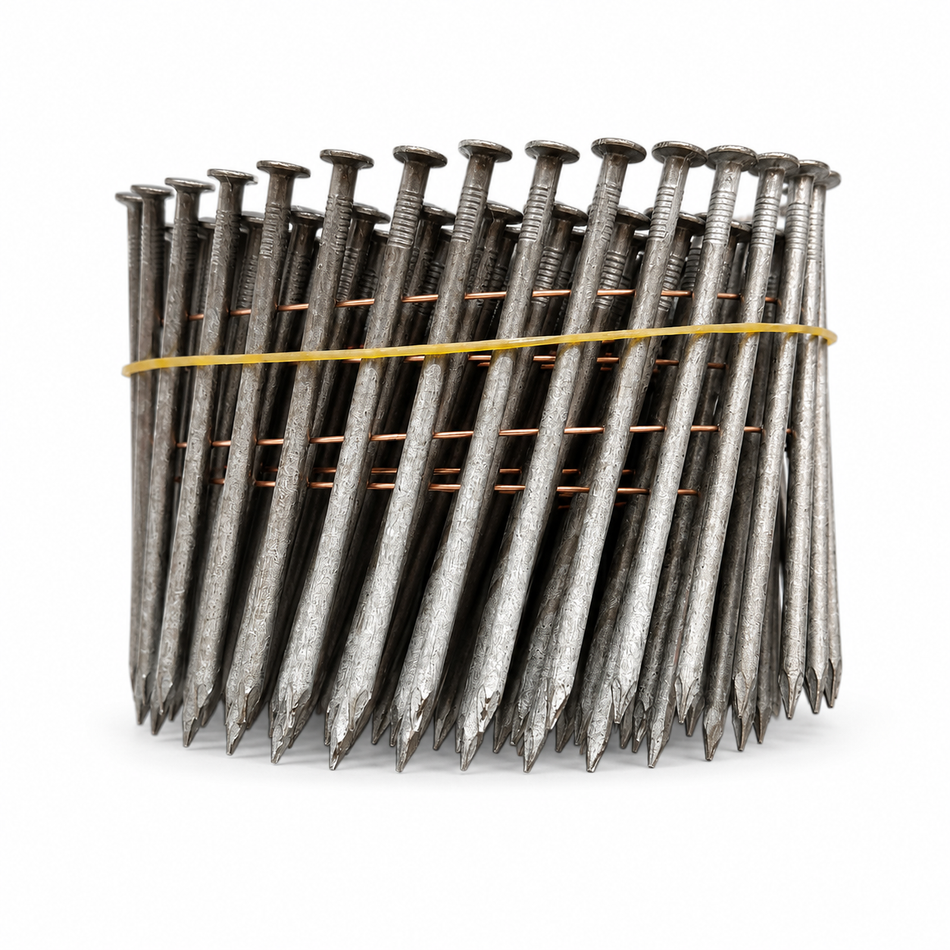 Hot-dip galvanized coil nails Size: 3.0" x 0.12" 4,000 nails/box (20 coils x 200 nails/coil) - British Building Supplies Ltd
