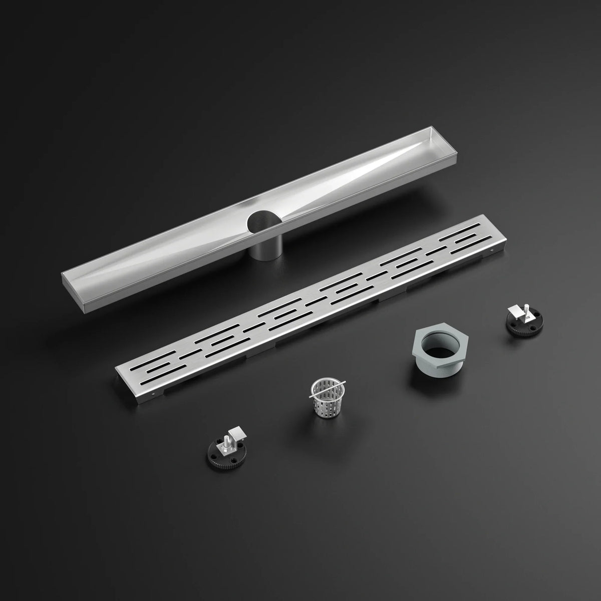 Stainless steel linear shower drain kit with grate, strainer, and installation parts on black background
