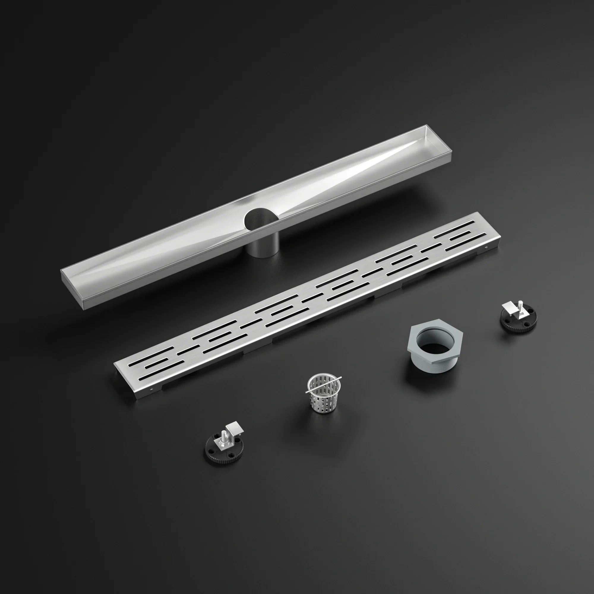 Stainless steel linear shower drain kit with grate, strainer, and installation parts on black background