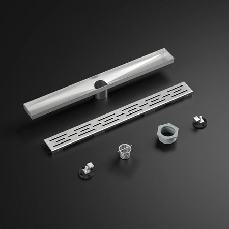 Stainless steel linear shower drain kit with grate, strainer, and installation parts on black background
