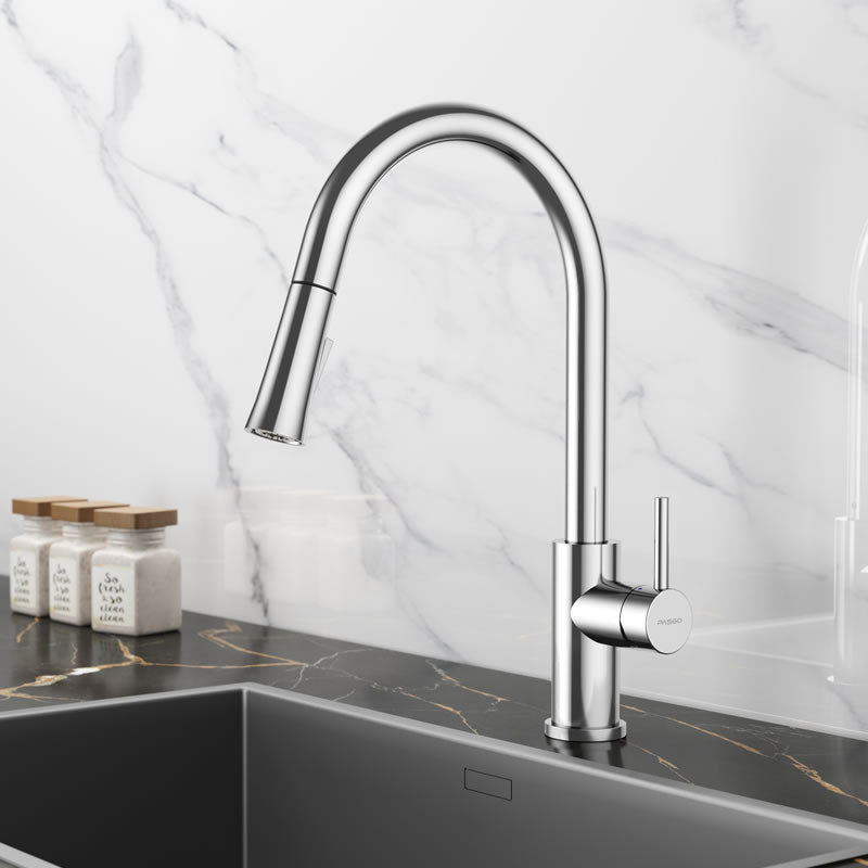 BBS 3308Q 16-inch high arc pull down kitchen faucet in Polished Chrome with 360 degree swivel spout - British Building Supplies Ltd