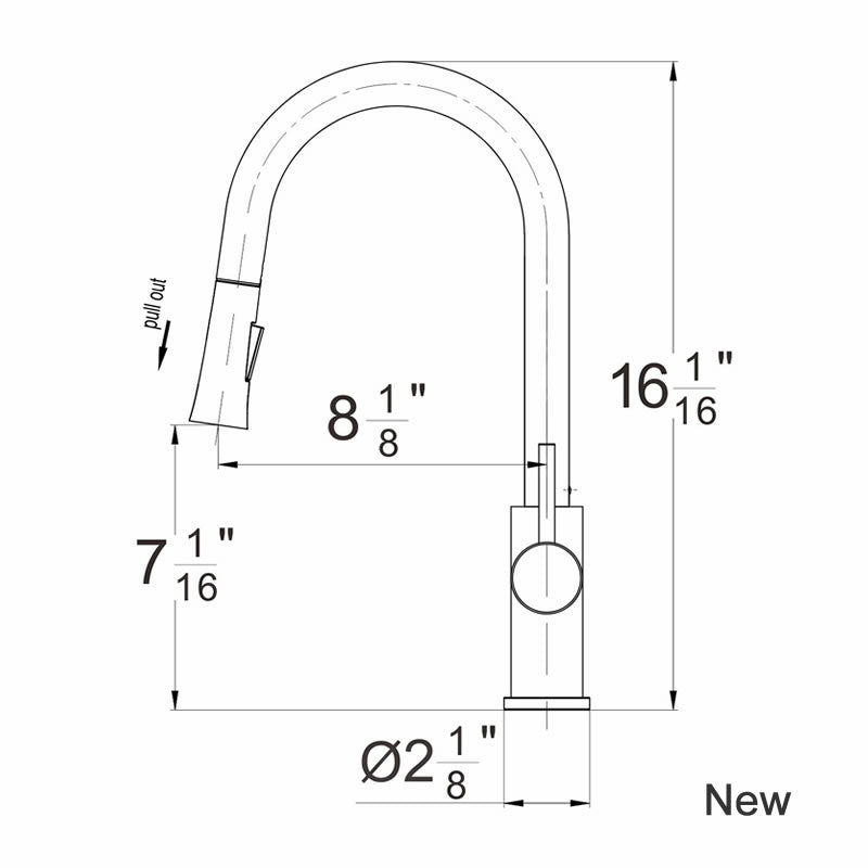 Technical dimensions for BBS 3308Q faucet showing 16-1/8 inch overall height and 8-1/8 inch spout reach