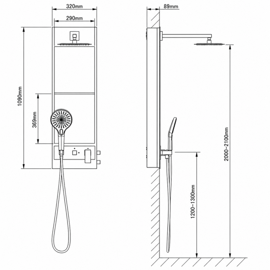 AB2001 Engineering Layout and Cut-out Specifications: 320x1090x98mm Outer Frame with 305x1075x80mm Rough-in Dimension and LED Power Entry Points for North American NPT Shower Installations