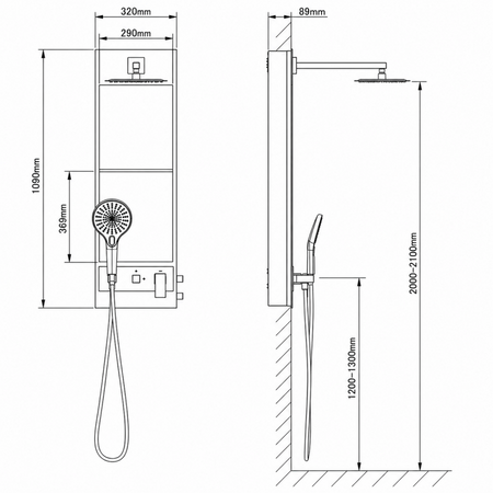 AB2001 Engineering Layout and Cut-out Specifications: 320x1090x98mm Outer Frame with 305x1075x80mm Rough-in Dimension and LED Power Entry Points for North American NPT Shower Installations