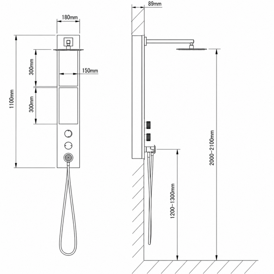 AB2002 Engineering Drawing and Installation Dimensions: 180x1100x98mm Outer Frame with 165x1091x80mm Rough-in Cut-out for NPT Integrated Shower Systems