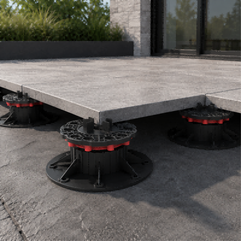 B-base adjustable paving support with spacer tabs and rubber shim for 60x60cm tiles