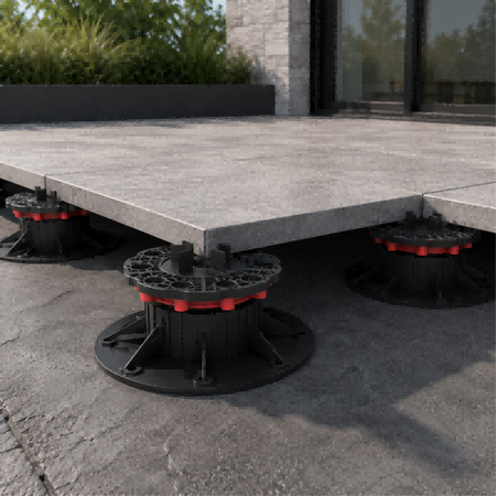B-base adjustable paving support with spacer tabs and rubber shim for 60x60cm tiles