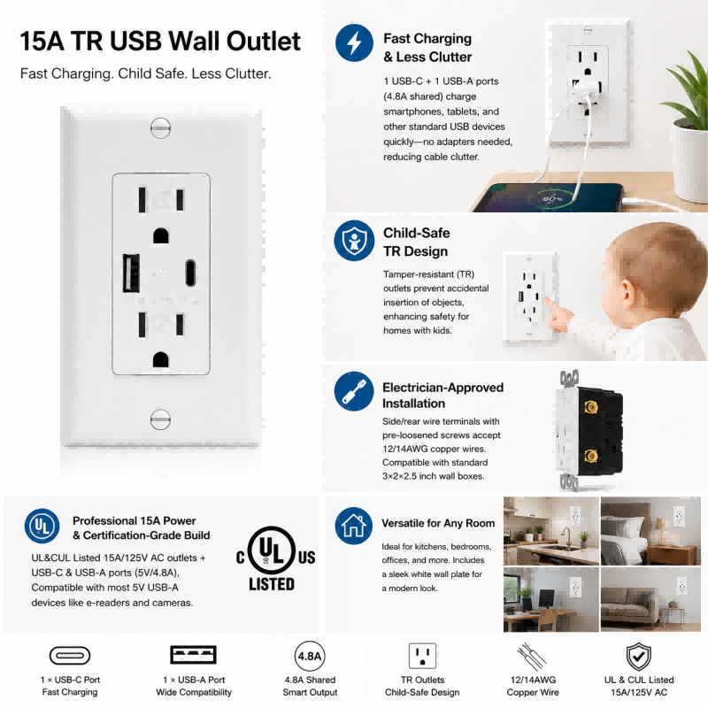 15A USB Wall Outlet with USB-C & USB-A Ports, Tamper-Resistant Duplex Receptacle with White Wall Plate
