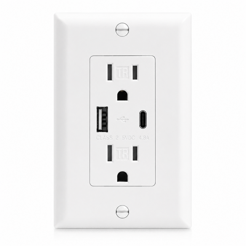 Front view of BBS 15A 125V USB Receptacle with dual Type-A and Type-C 4.8A charging ports and Tamper-Resistant shutters