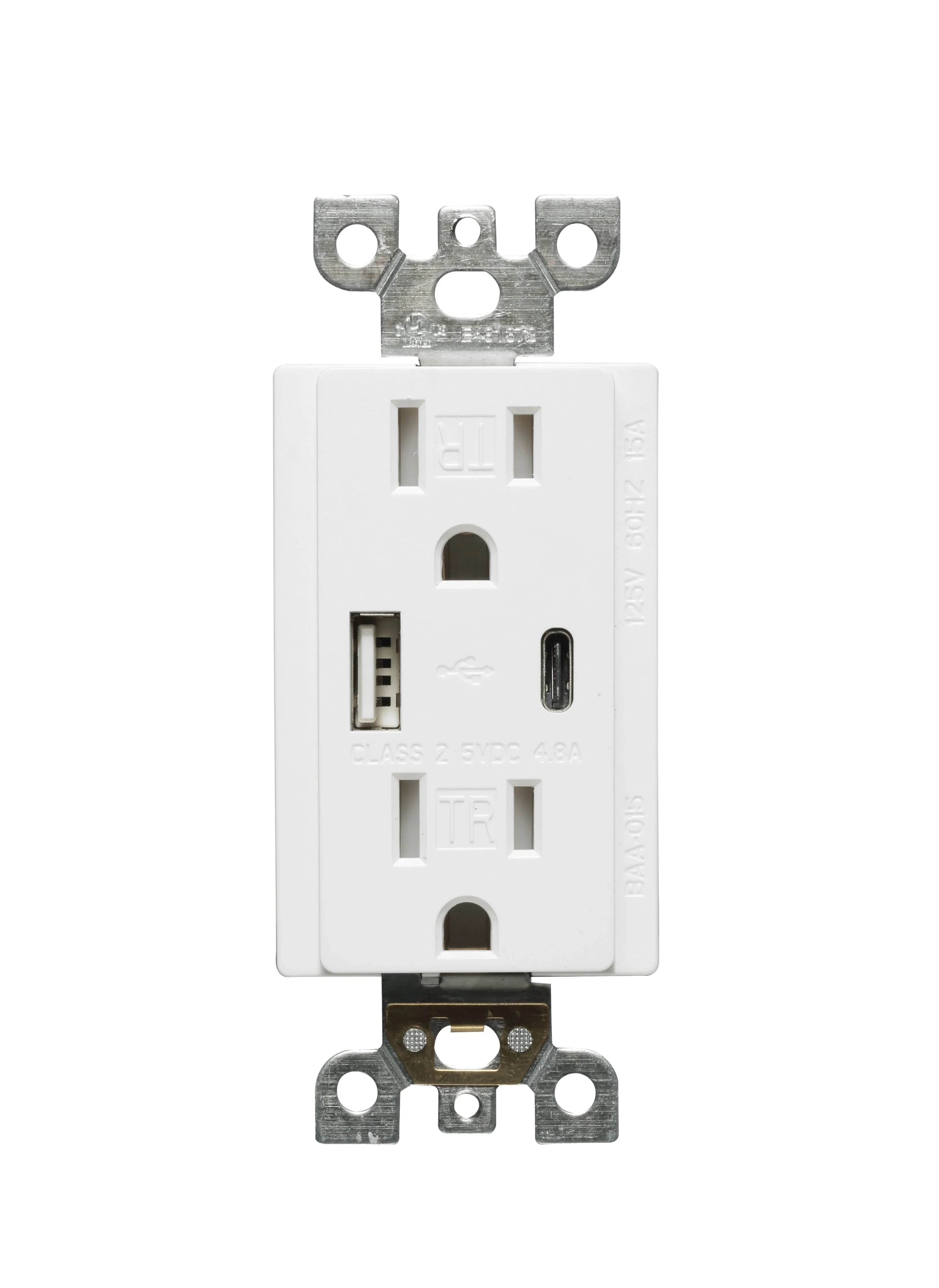 Third Front view of BBS 15A 125V USB Receptacle with dual Type-A and Type-C 4.8A charging ports and Tamper-Resistant shutters