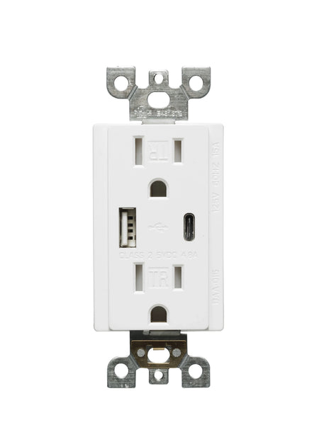 Third Front view of BBS 15A 125V USB Receptacle with dual Type-A and Type-C 4.8A charging ports and Tamper-Resistant shutters