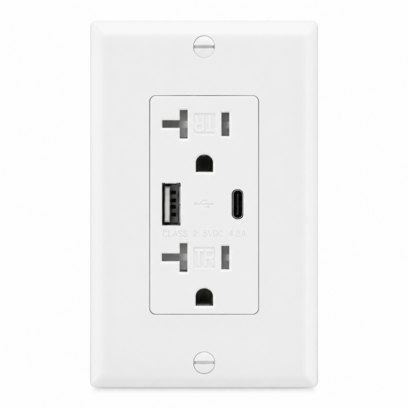 Front view Of BBS 20A 125V High-Capacity USB Receptacle with T-Slot NEMA 5-20R and 4.8A Fast Charging A+C Ports
