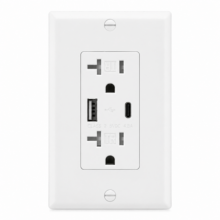 Front view Of BBS 20A 125V High-Capacity USB Receptacle with T-Slot NEMA 5-20R and 4.8A Fast Charging A+C Ports