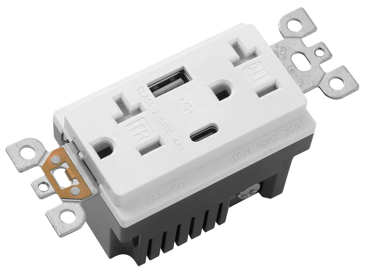 Side view Of BBS 20A 125V High-Capacity USB Receptacle with T-Slot NEMA 5-20R and 4.8A Fast Charging A+C Ports