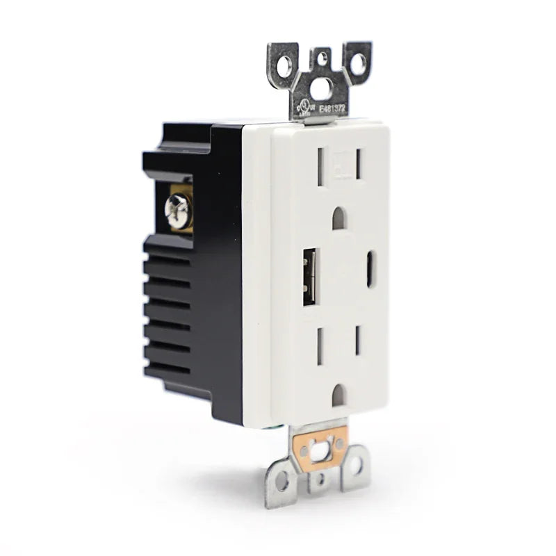Front view of BBS 15A 125V USB Receptacle with dual Type-A and Type-C 4.8A charging ports and Tamper-Resistant shutters