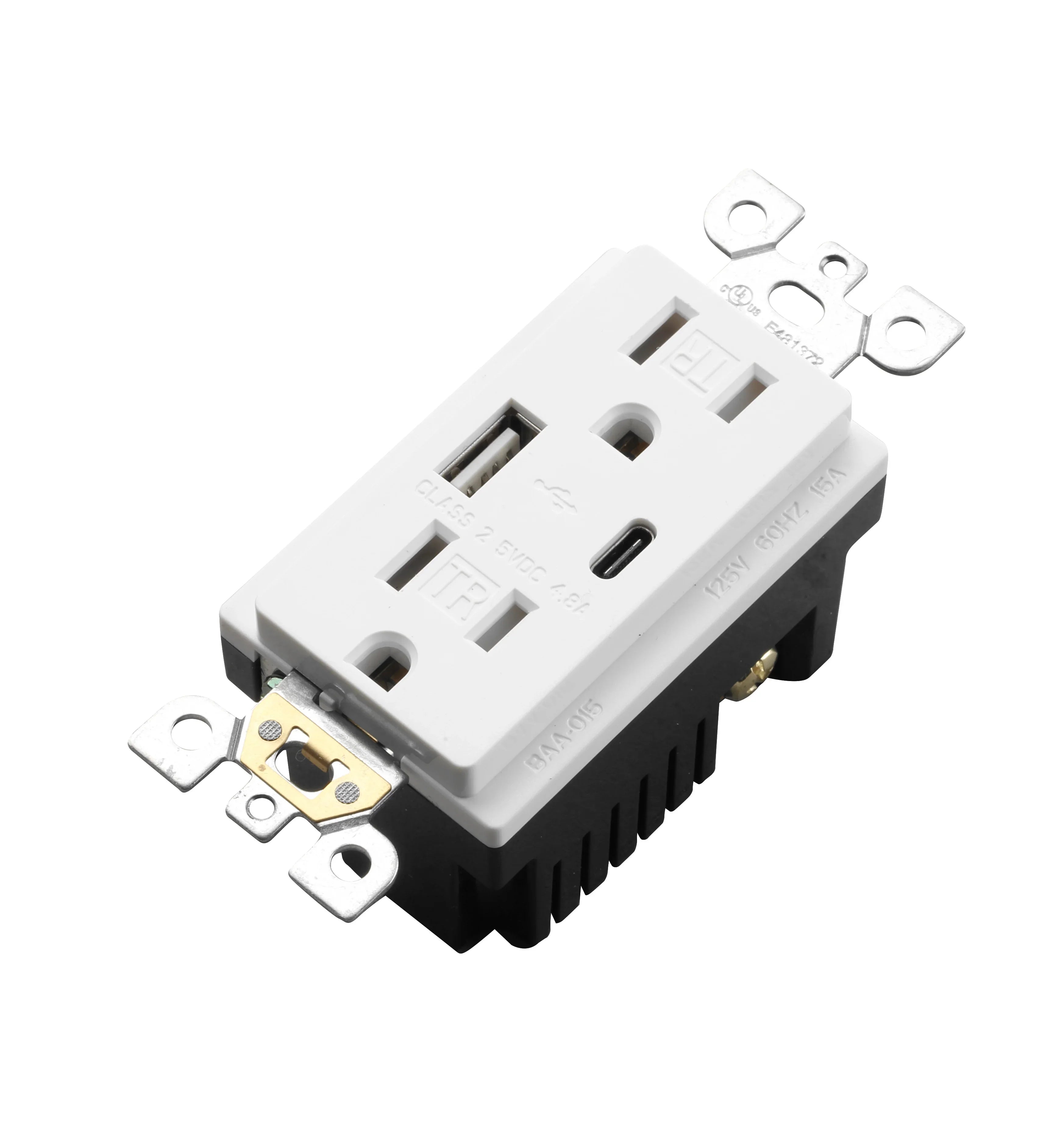 second Front view of BBS 15A 125V USB Receptacle with dual Type-A and Type-C 4.8A charging ports and Tamper-Resistant shutters