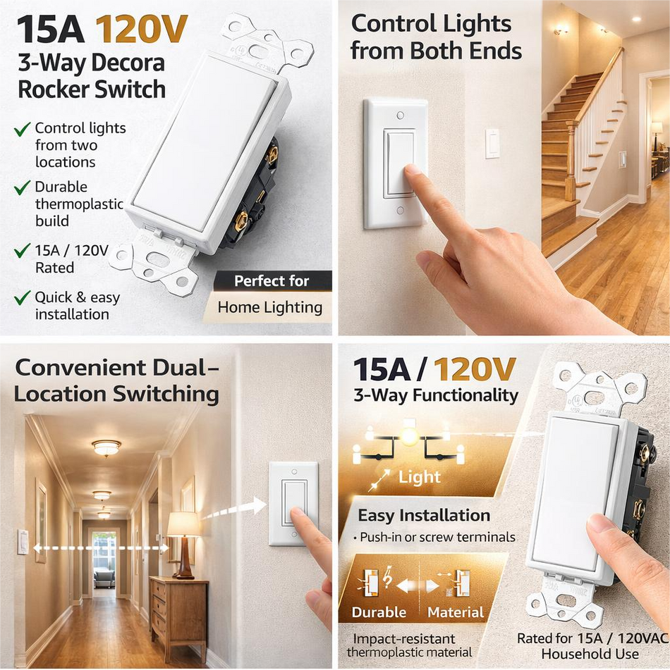 BBS-BAK-002 | Interrupteur à bascule Décoratif 3 voies 15 A 120 V | Blanc | Certifié ETL