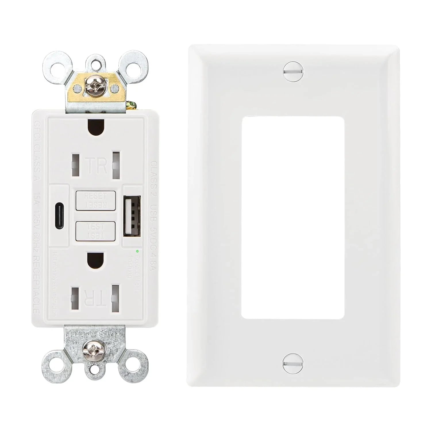 BBS 15A 125V GFCI and USB Charger Composite Outlet with Type-A and Type-C 4.8A Output