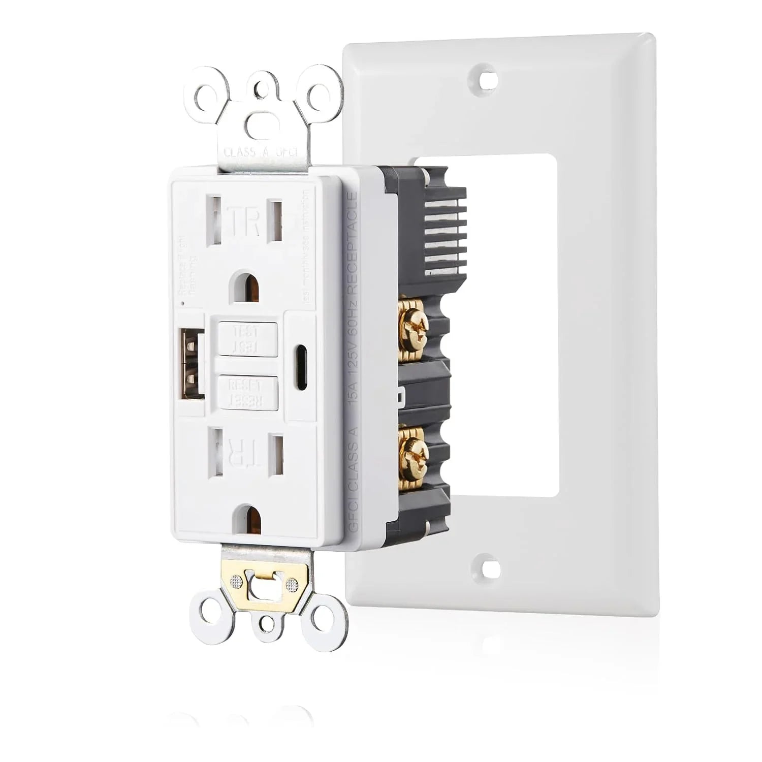 front view of BBS 15A 125V GFCI and USB Charger Composite Outlet with Type-A and Type-C 4.8A Output
