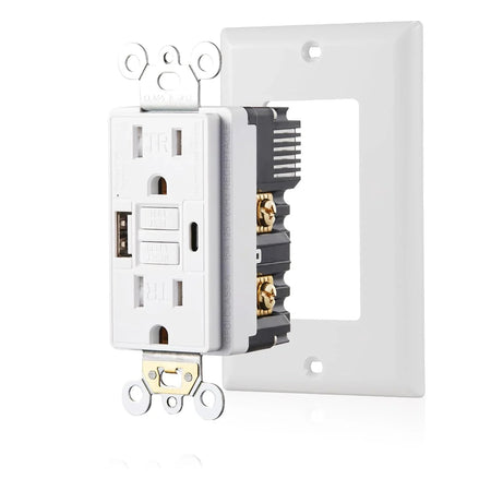 front view of BBS 15A 125V GFCI and USB Charger Composite Outlet with Type-A and Type-C 4.8A Output