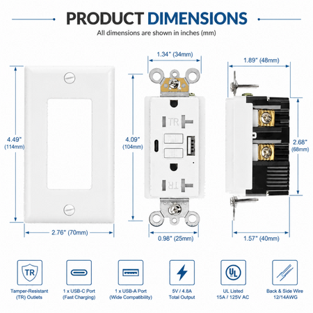 Smart 20A USB GFCI Wall Outlet with Fast Charging Type-C and Type-A Ports, White TR Duplex Receptacle with Wall Plate