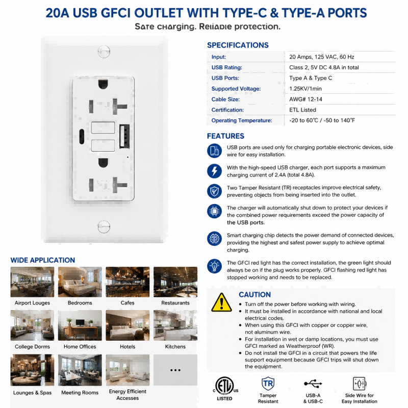 20A GFCI USB Outlet with USB-C & USB-A Ports, Tamper-Resistant ETL Listed Receptacle for Kitchen & Bathroom