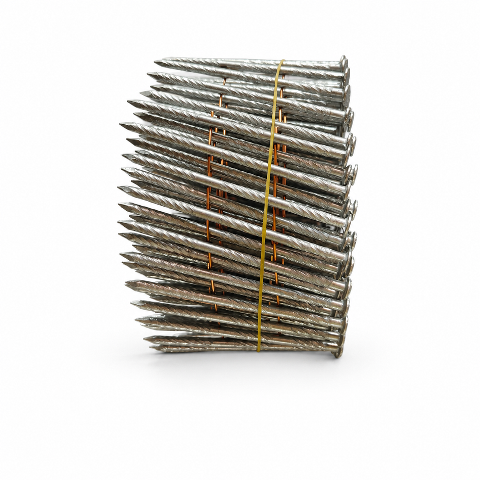 Hot-dip galvanized coil whirl nails Size: 2.5" x 0.1" 4,500 nails/box (20 coils x 225 nails/coil) - British Building Supplies Ltd
