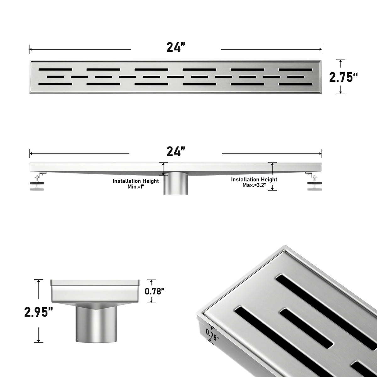 24-inch stainless steel linear shower drain with slot pattern and labeled dimensions