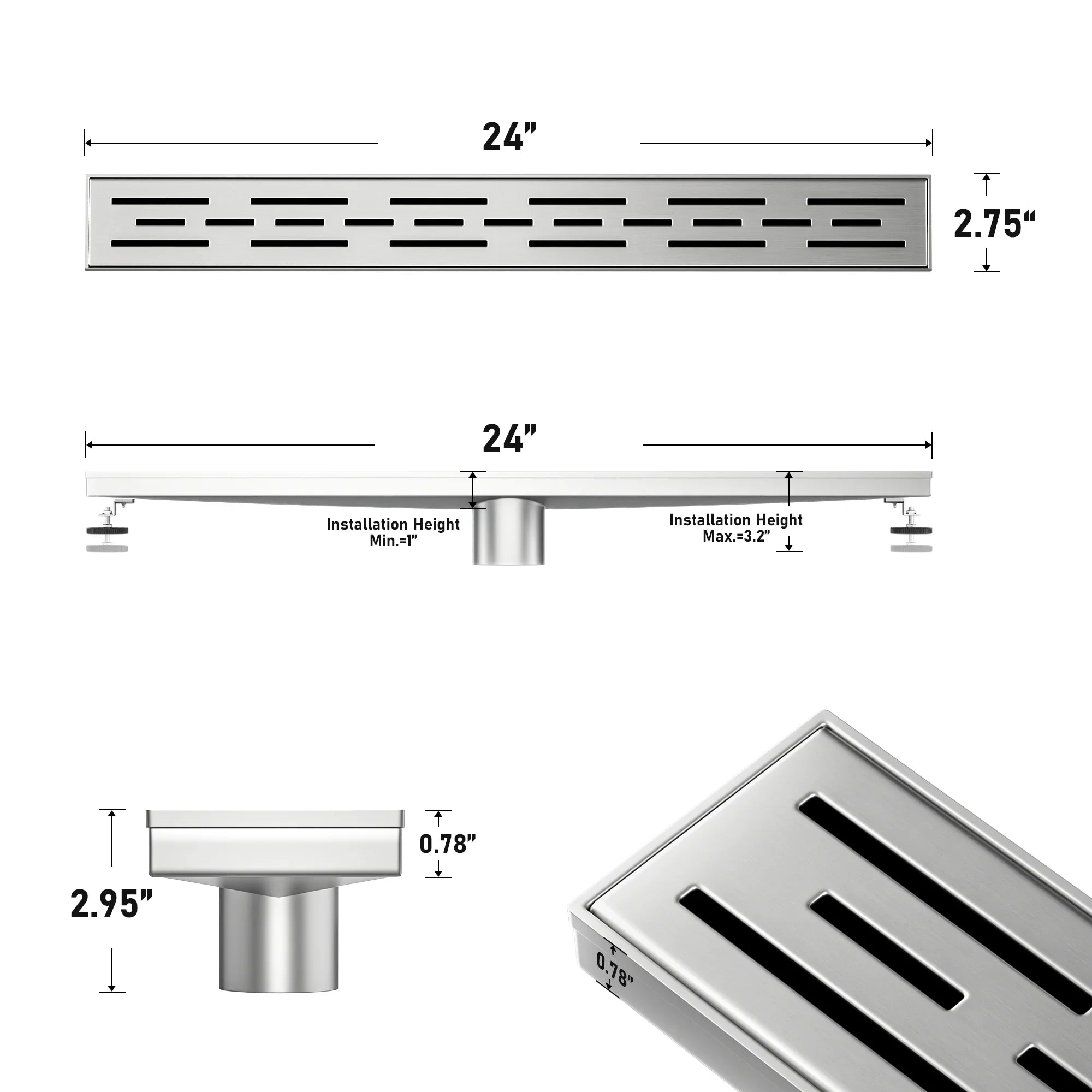 24-inch stainless steel linear shower drain with slot pattern and labeled dimensions