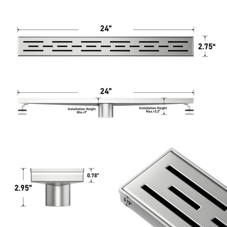 24-inch stainless steel linear shower drain with slot pattern and labeled dimensions