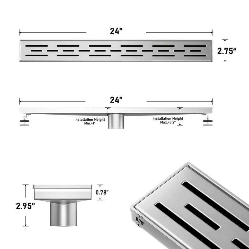 24 Inch Linear Shower Drain, Brushed Rectangular Floor Drain, V-Shape Design Drain Channel, Stainless Steel, Silver, cUPC Certificated for Bathroom Shower Room