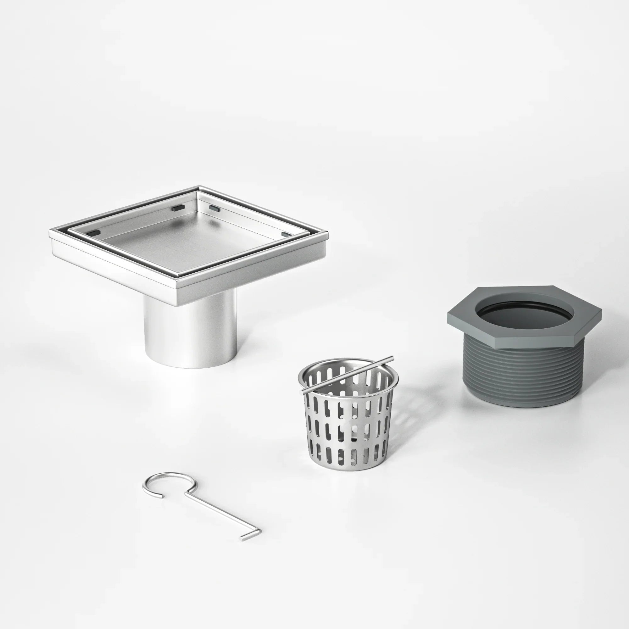 Stainless steel square floor drain kit with removable strainer and installation accessories