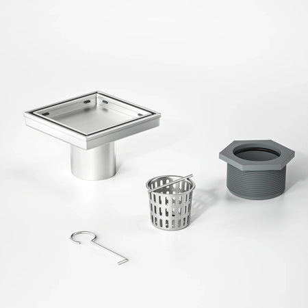 Stainless steel square floor drain kit with removable strainer and installation accessories