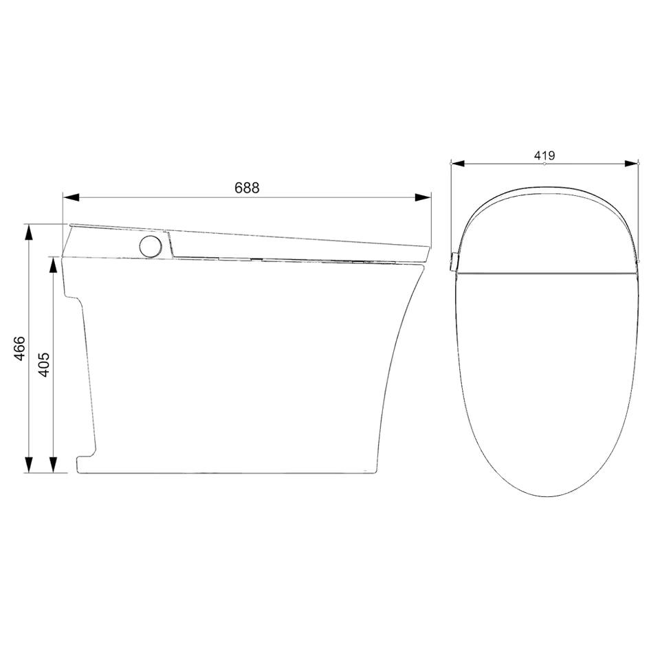 Tejjer TA-X566DF technical dimensions 688x419x466mm and Rough-in guide