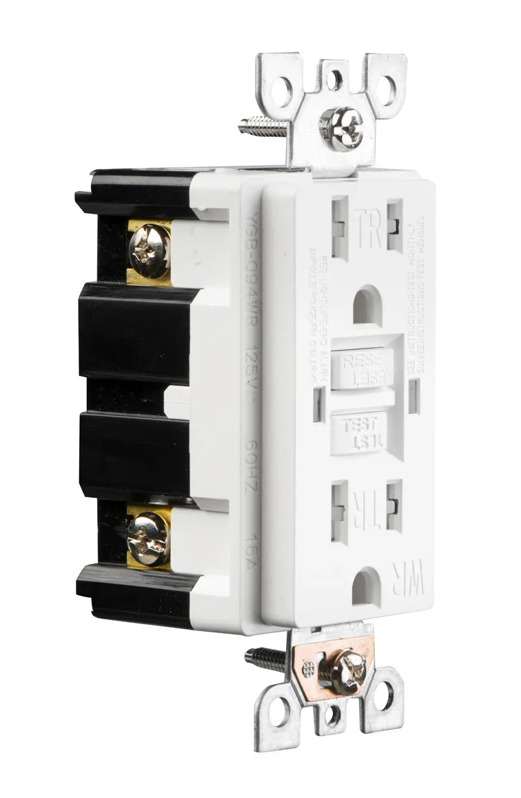 Side profile of BBS GFCI receptacle highlighting brass terminal screws for secure Line and Load wiring