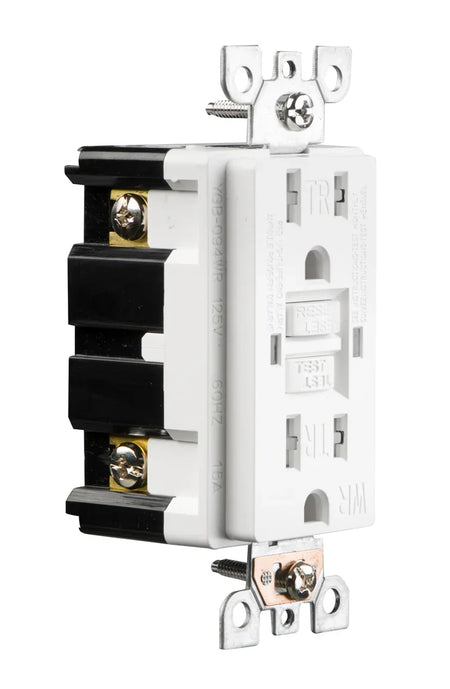 Side profile of BBS GFCI receptacle highlighting brass terminal screws for secure Line and Load wiring