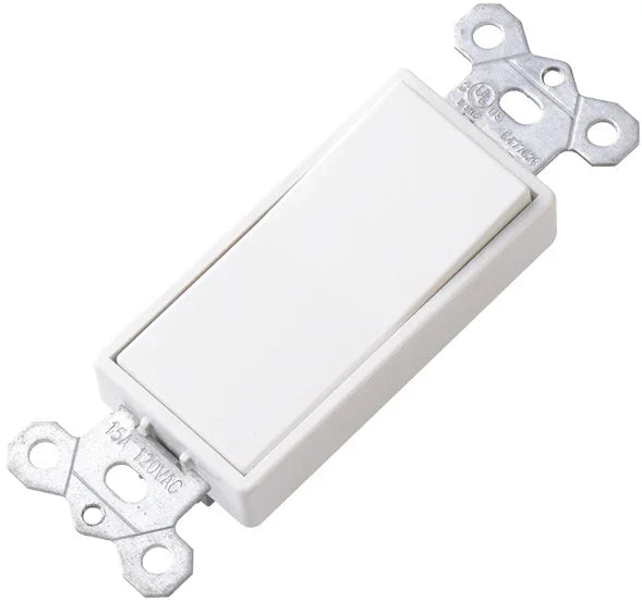 BBS 15A 120V Single Pole Decora Rocker Switch in Glossy White for Residential Lighting - British Building Supplies Ltd